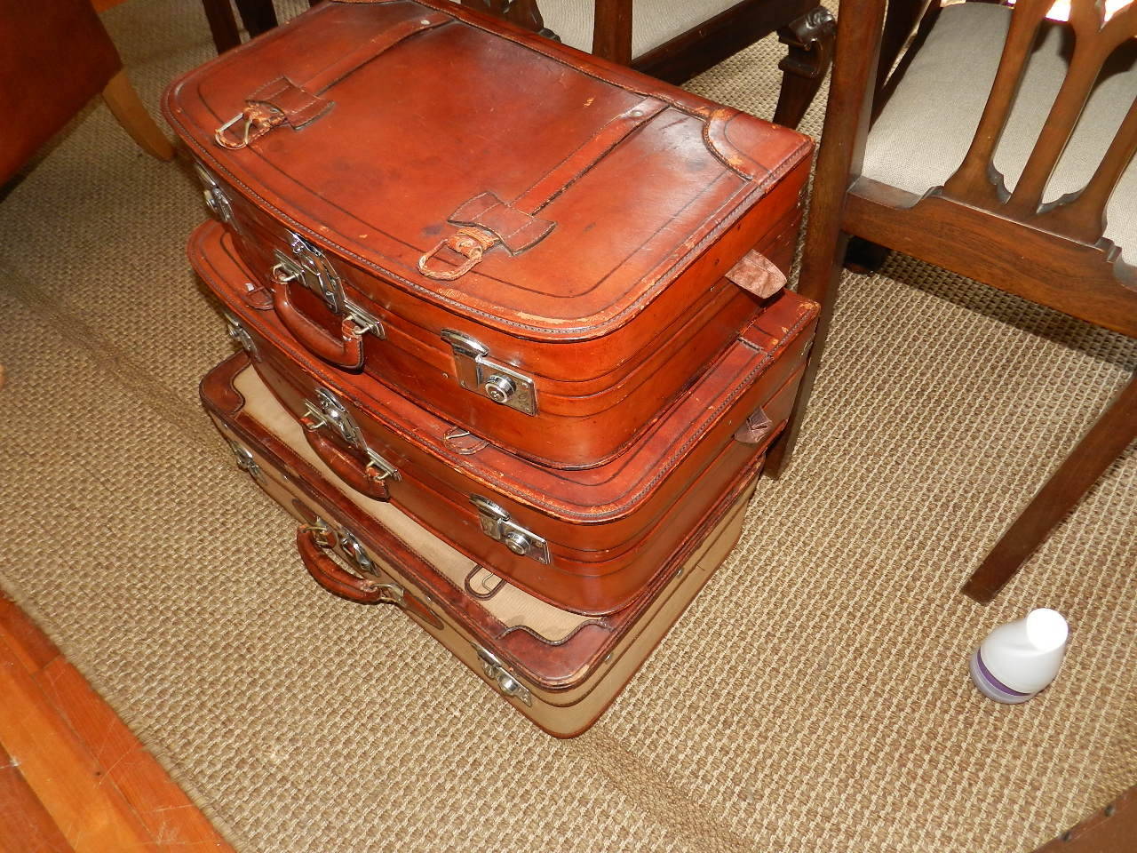 Scottish Set of Leather and Canvas Suitcases For Sale