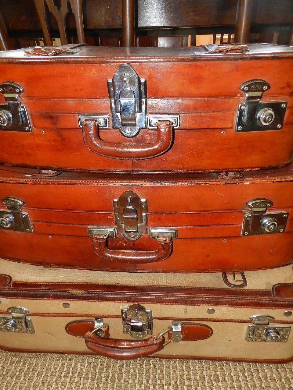 Hand-Crafted Set of Leather and Canvas Suitcases For Sale