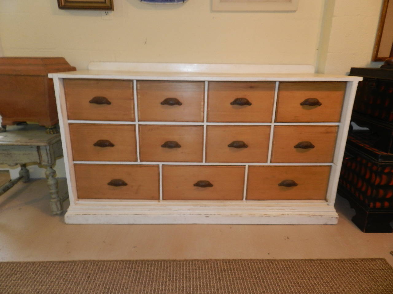 Antique pine apothecary drawers or shop counter. All handles are original cast metal and all the drawers are dovetailed.