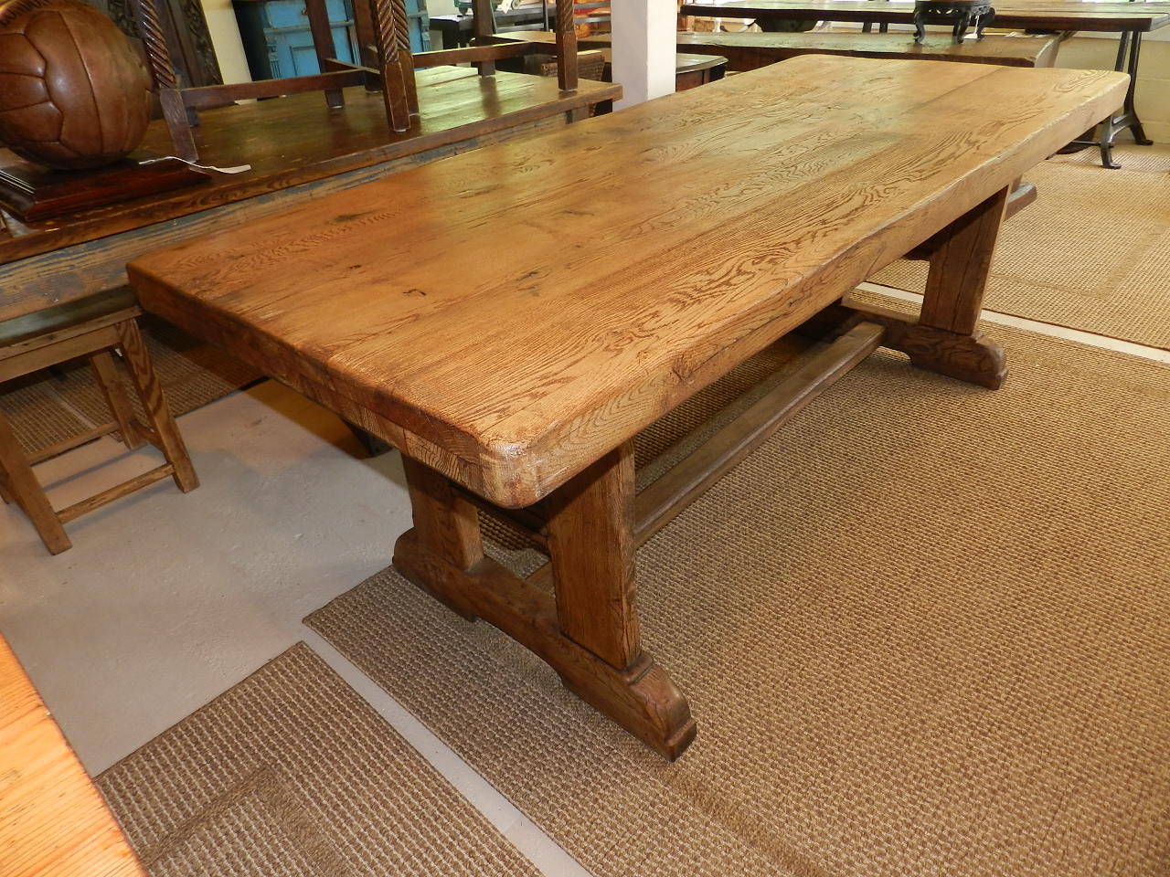 Solid oak trestle base farm table.
