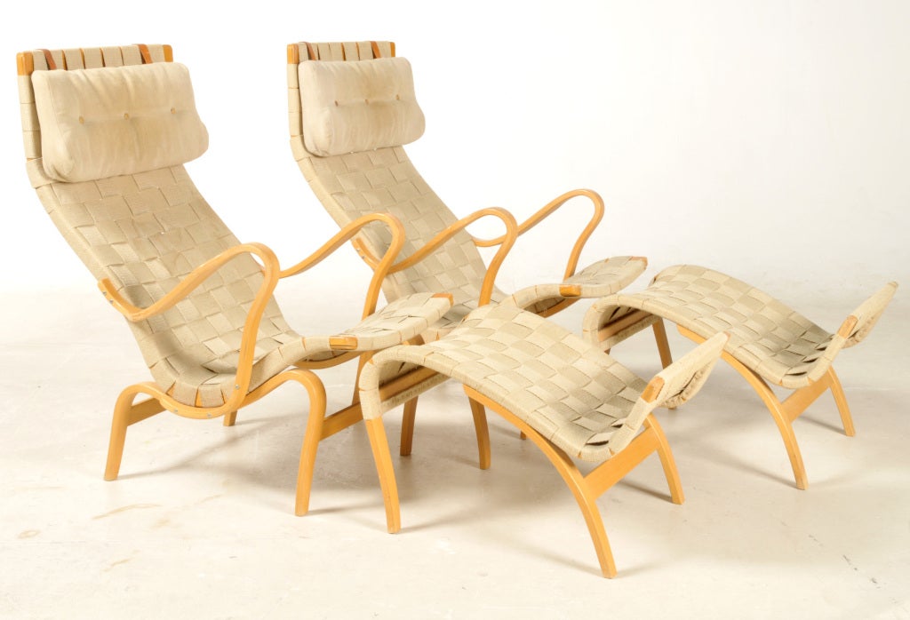 Pair of Bruno Mathsson "Pernilla" Armchairs and Ottoman