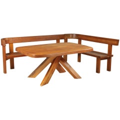 Retro Dining Table Set in Elm wood by Pierre Chapo. circa 1970