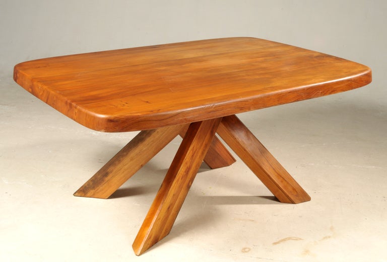 Dining Table Set in Elm wood by Pierre Chapo. circa 1970