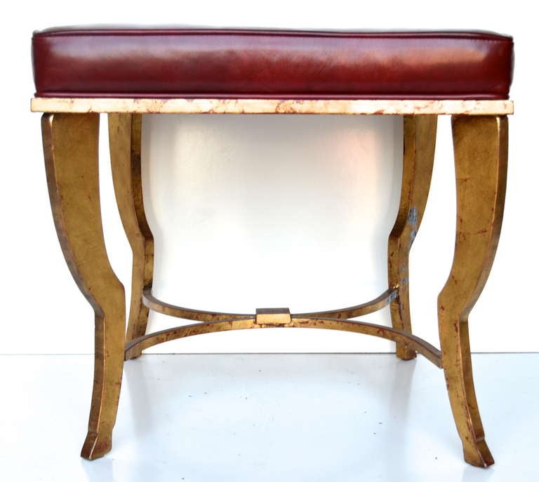 Maison Ramsay Gilded Iron Stool with Oxblood Leather Top