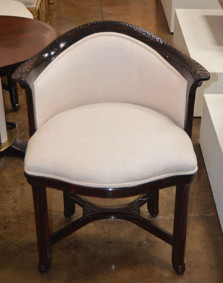 A beautiful pair of chairs. Restored in a white tussah silk.