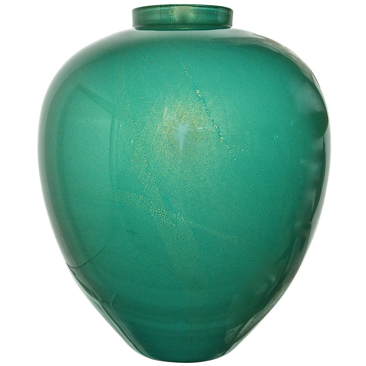 Archimede Seguso Large Bulbous Emerald Vase with Gold Inclusion For Sale