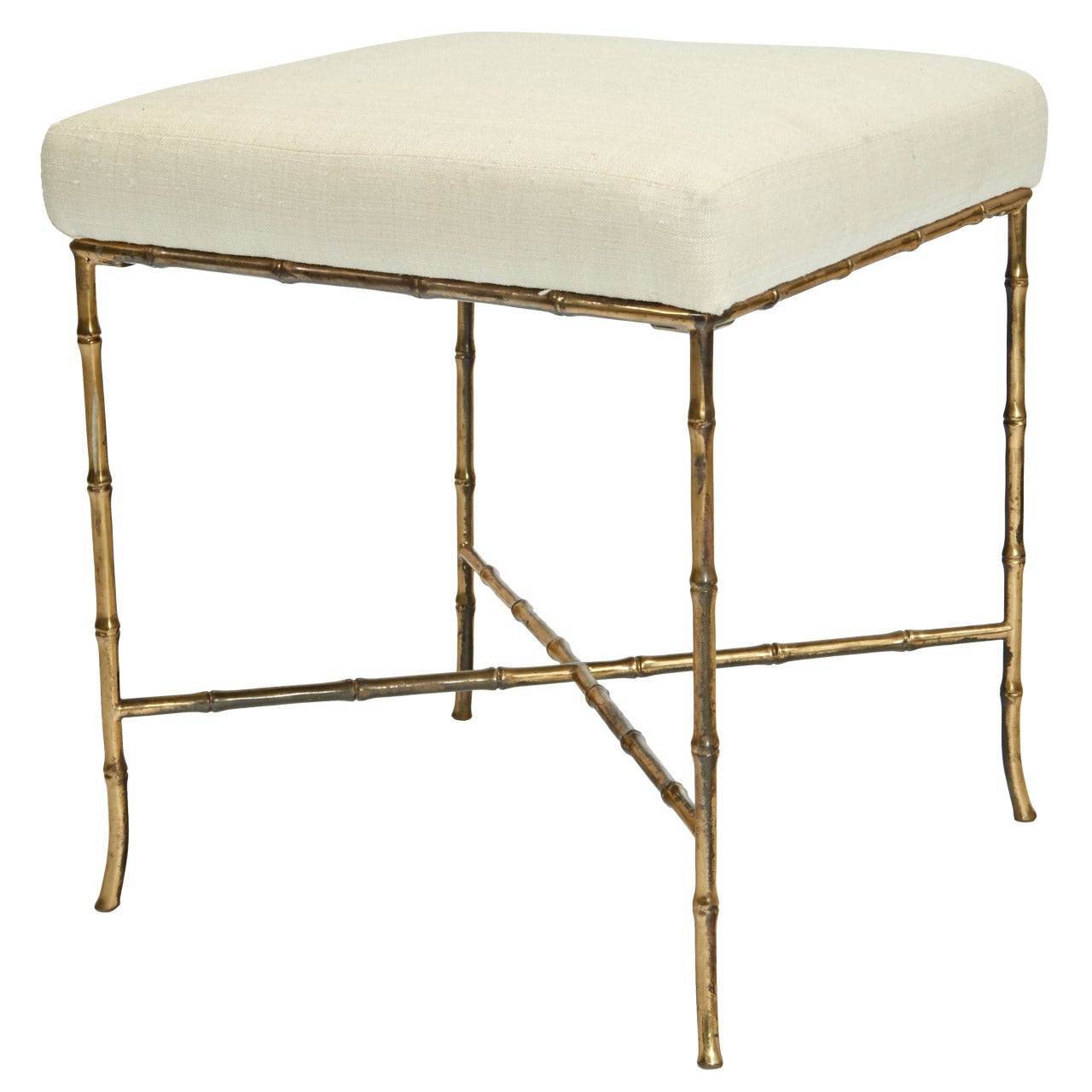 Bagues Brass Faux Bamboo Stool with Silk Top For Sale