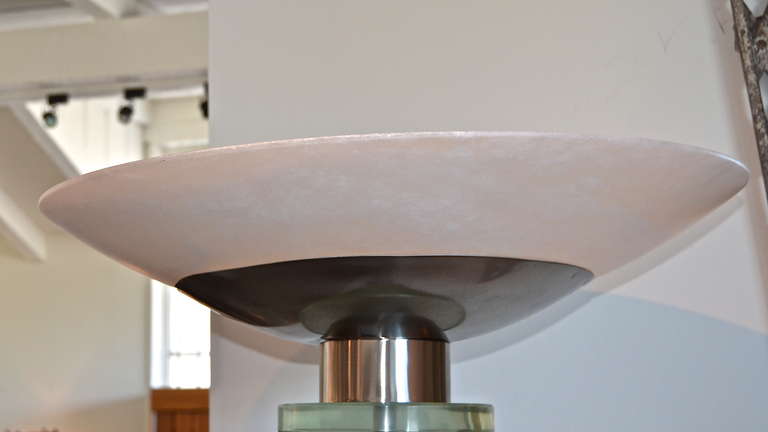A superb example in satin nickel with Saint-Goblin Glass accents and an alabaster shade.