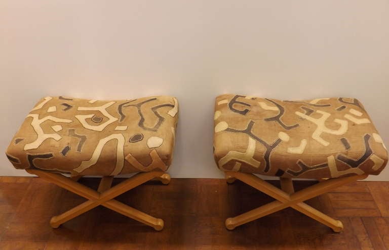 20th Century French X Stools with African Tribal Cloth Upholstery For Sale