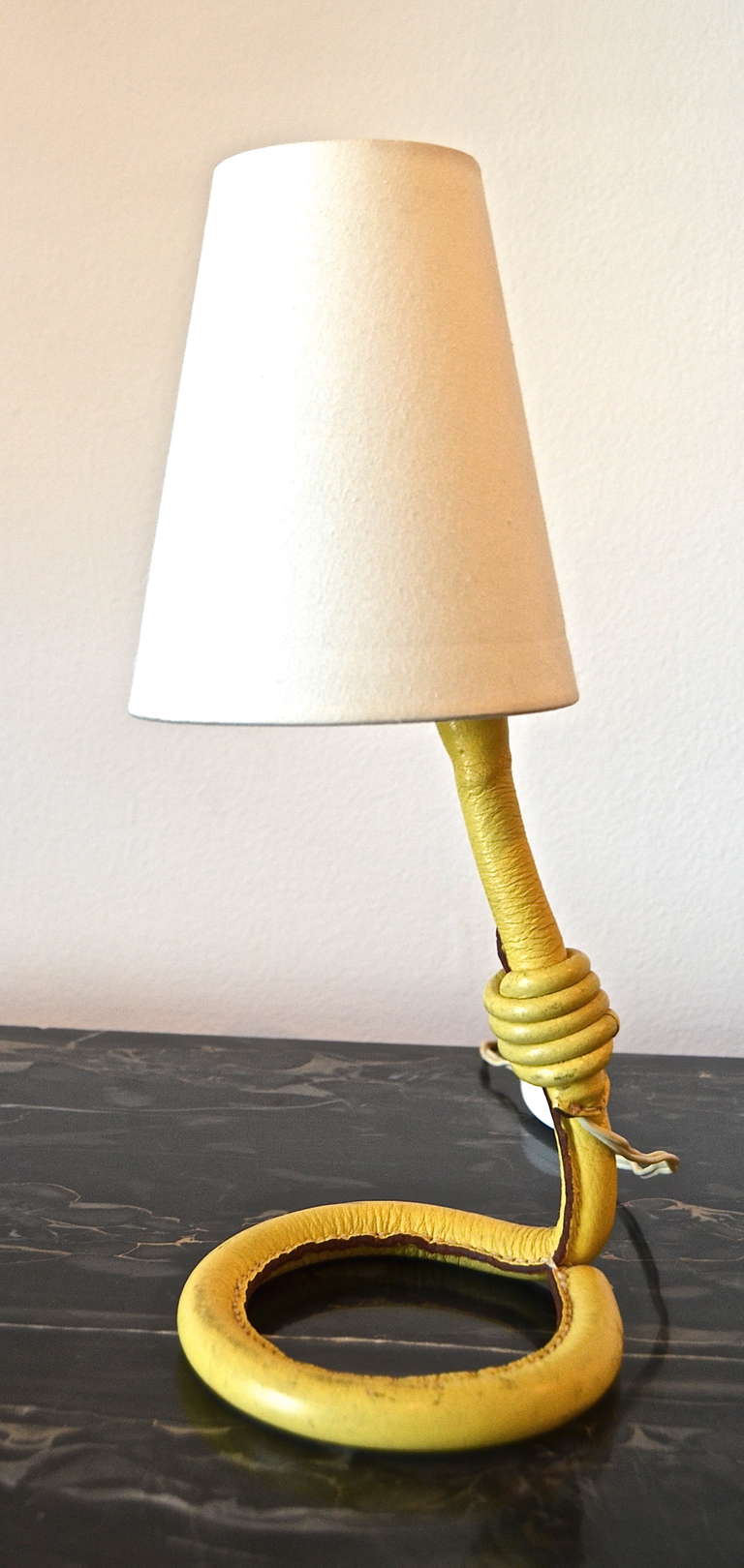 French Jacques Adnet Table Lamp in Moutarde Leather