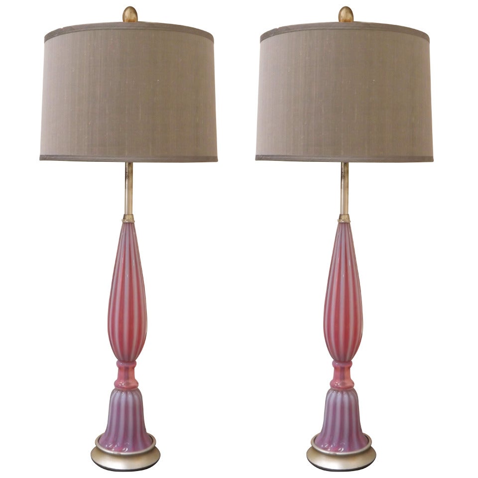 Seguso Table Lamps in Opalescent Pink Glass For Sale