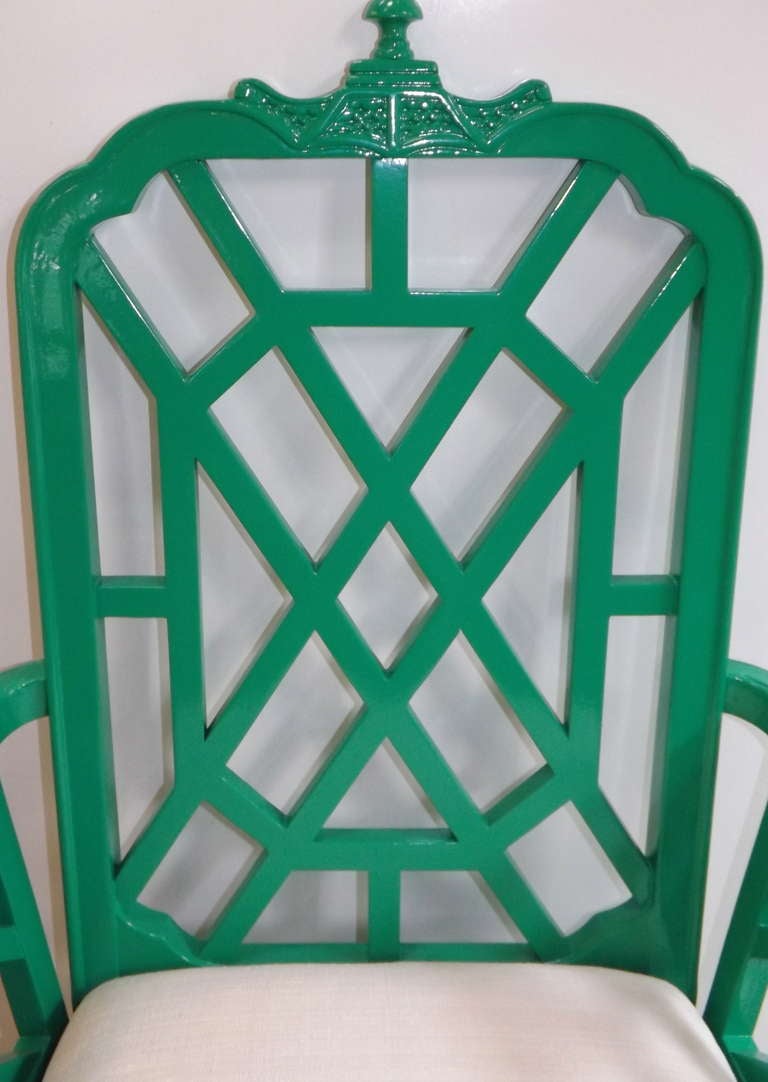 20th Century Chinese Chippendale Chairs in Kelly Green with Silk Cushions