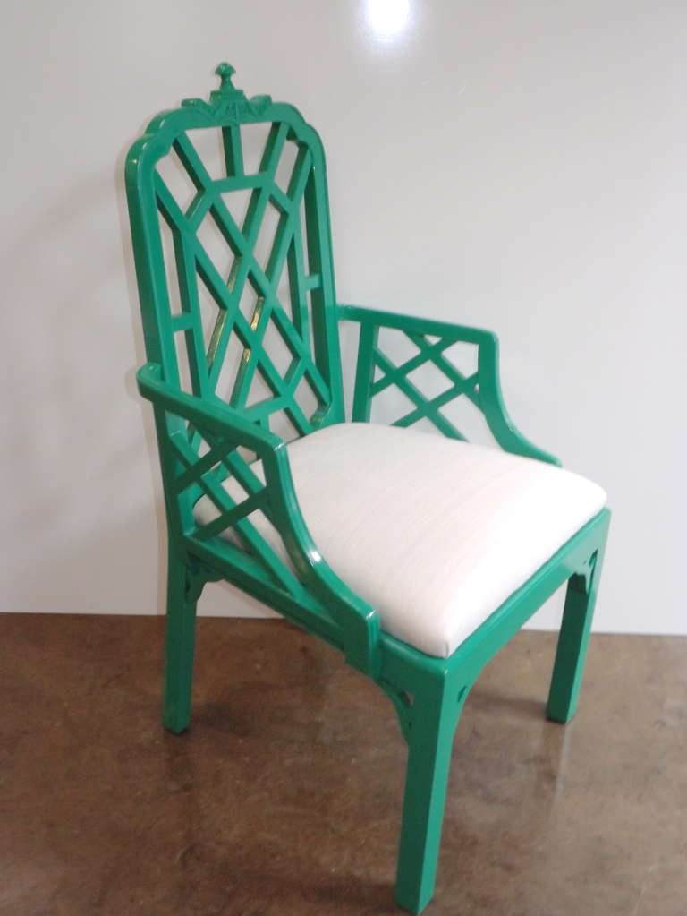Chinese Chippendale Chairs in Kelly Green with Silk Cushions In Excellent Condition In Los Angeles, CA