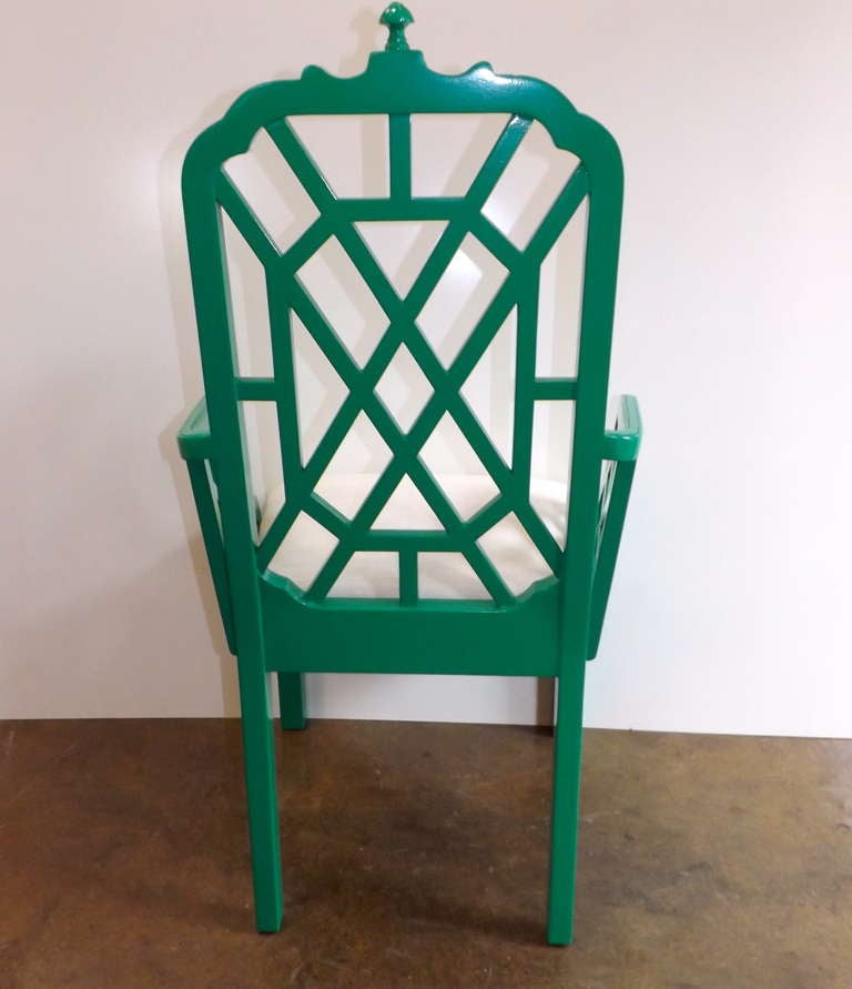 Chinese Chippendale Chairs in Kelly Green with Silk Cushions 2