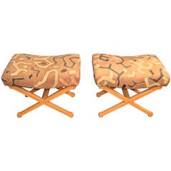 French "X" Stools with African Kuba Cloth Upholstery