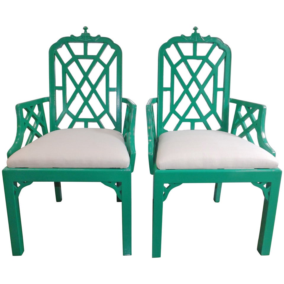 Chinese Chippendale Chairs in Kelly Green with Silk Cushions