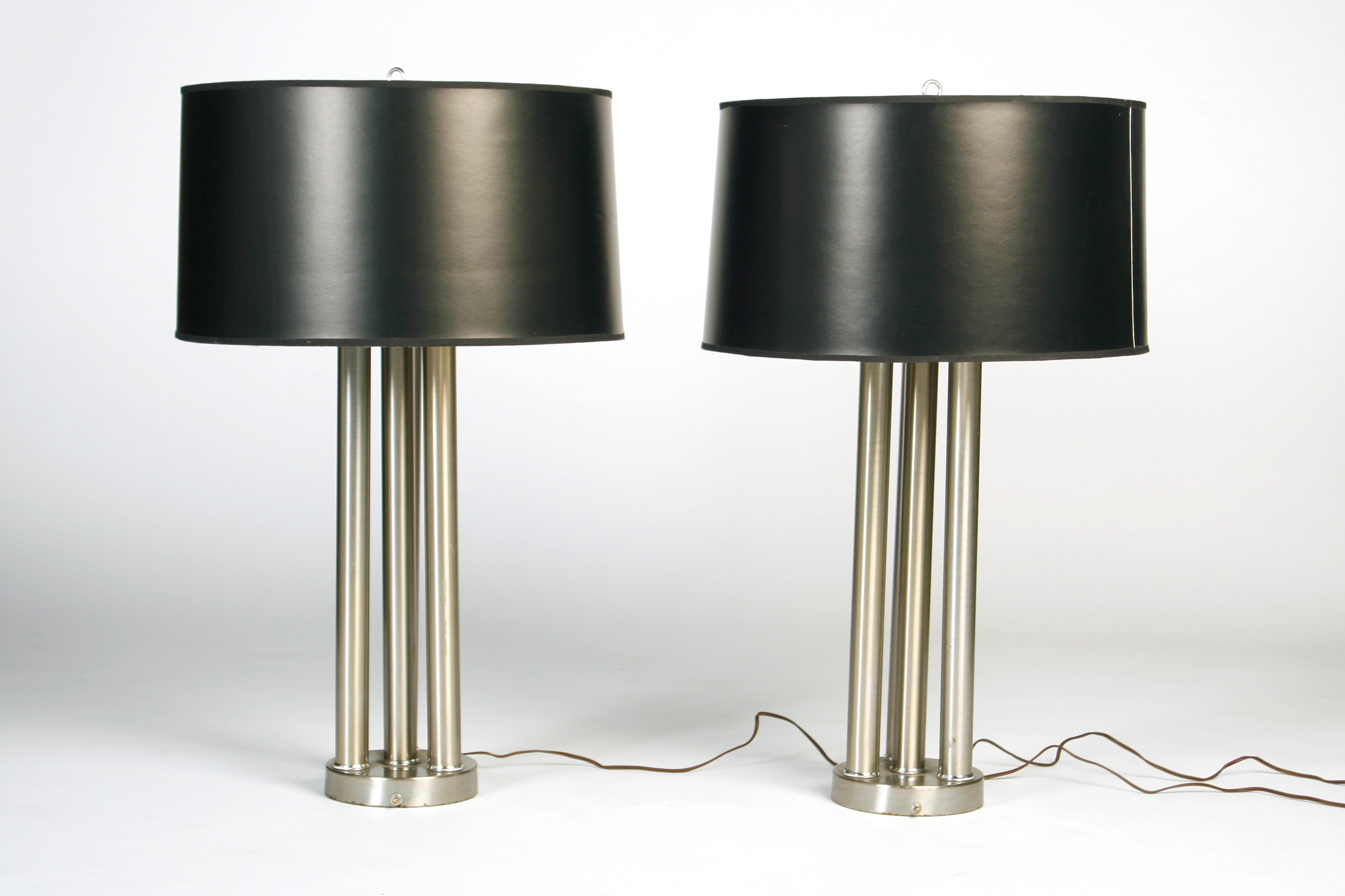 Pair of Polished Nickel Lamps with Black Shades For Sale