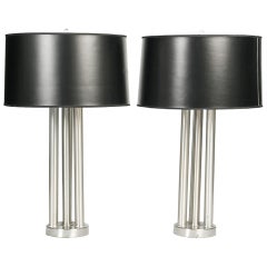 Pair of Polished Nickel Lamps with Black Shades
