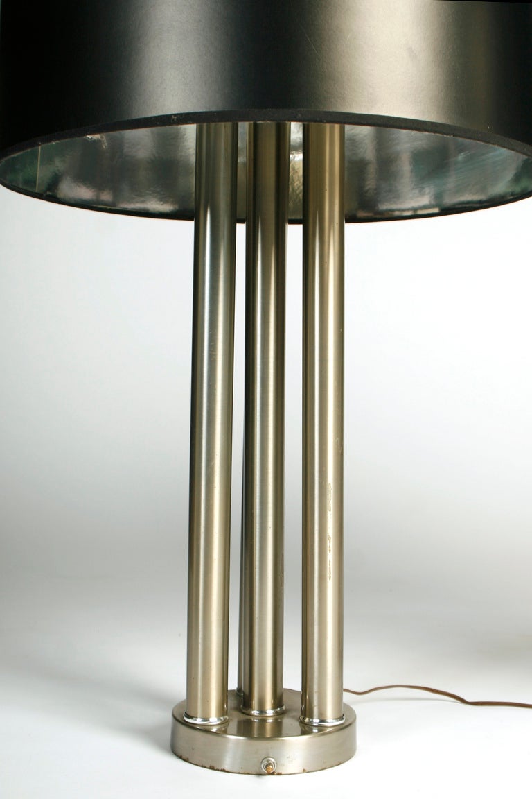 American Pair of Polished Nickel Lamps with Black Shades For Sale