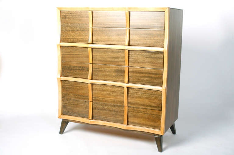 Unusual two tone dresser in birdseye maple from Mengel Furniture Company.
