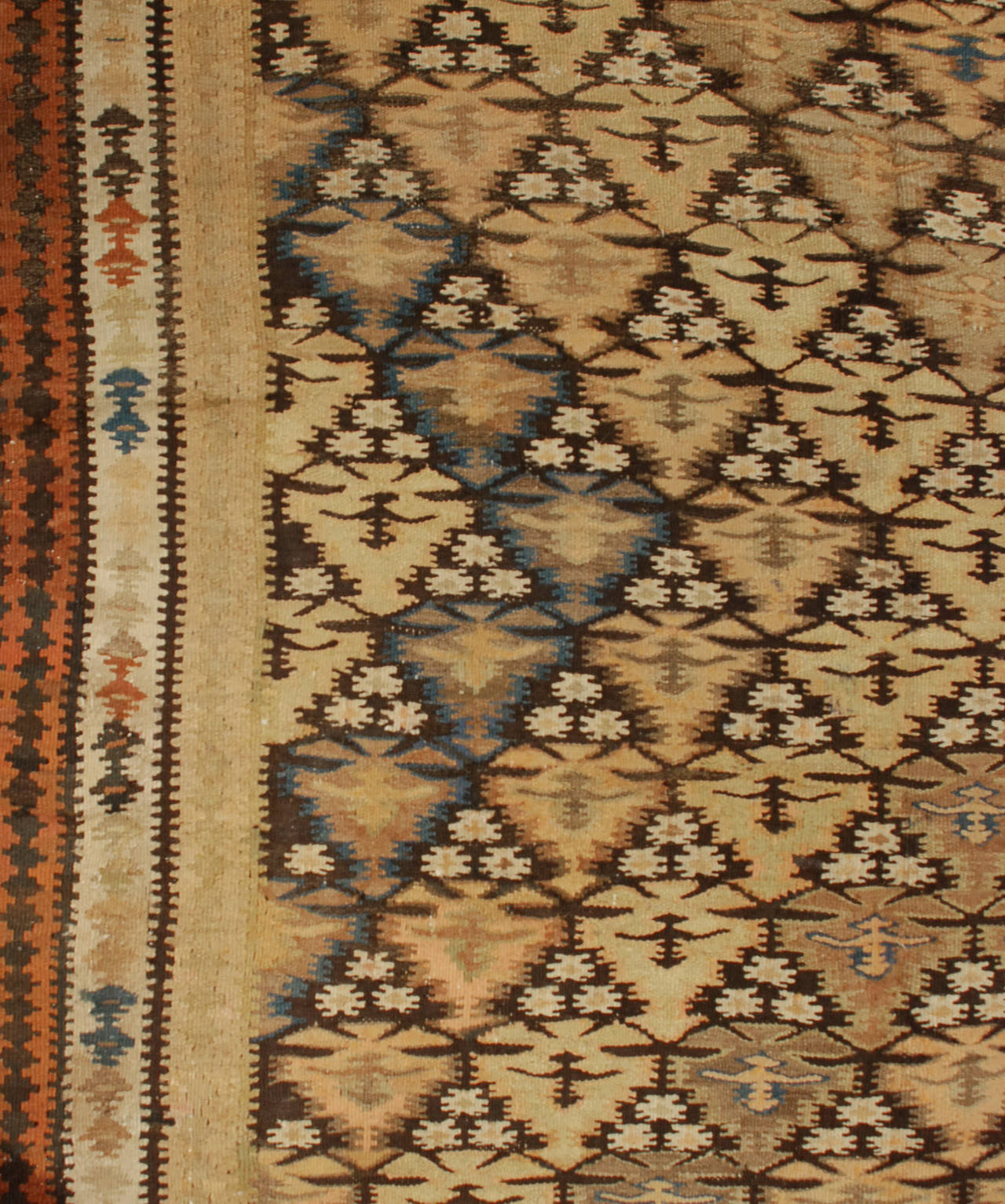 An early 20th century Persian Qazvin Kilim runner with an all-over tree-of-life pattern surrounded by multiple contrasting geometric borders.