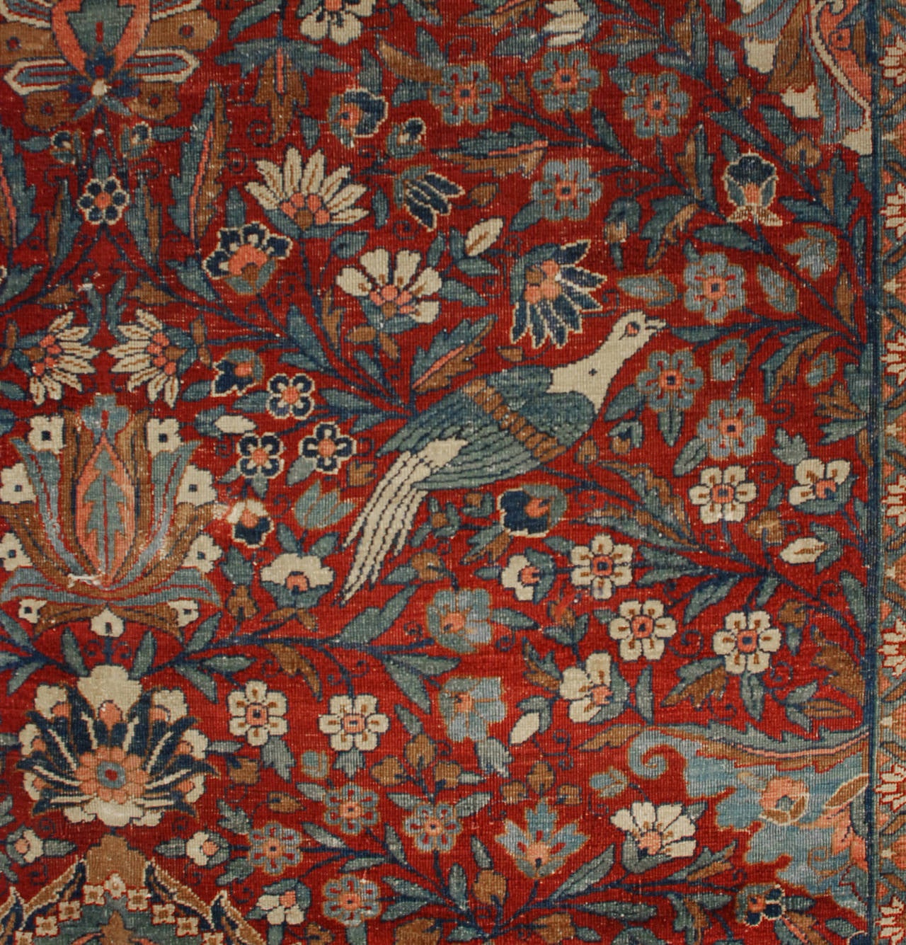 A gorgeous early 20th century Persian Tabriz rug with an intricately woven tree-of-life pattern on a rich crimson background, with birds-of-paradise perched on the branches, surrounded by multiple complementary floral borders.