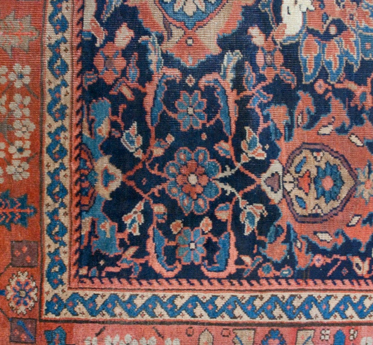 persischer Sultanabad-Teppich aus dem 19. Jahrhundert mit kühnem, floralem Allover-Muster auf indigoblauem Grund mit einer Lebensbaum-Bordüre. 
Maße: 10.7