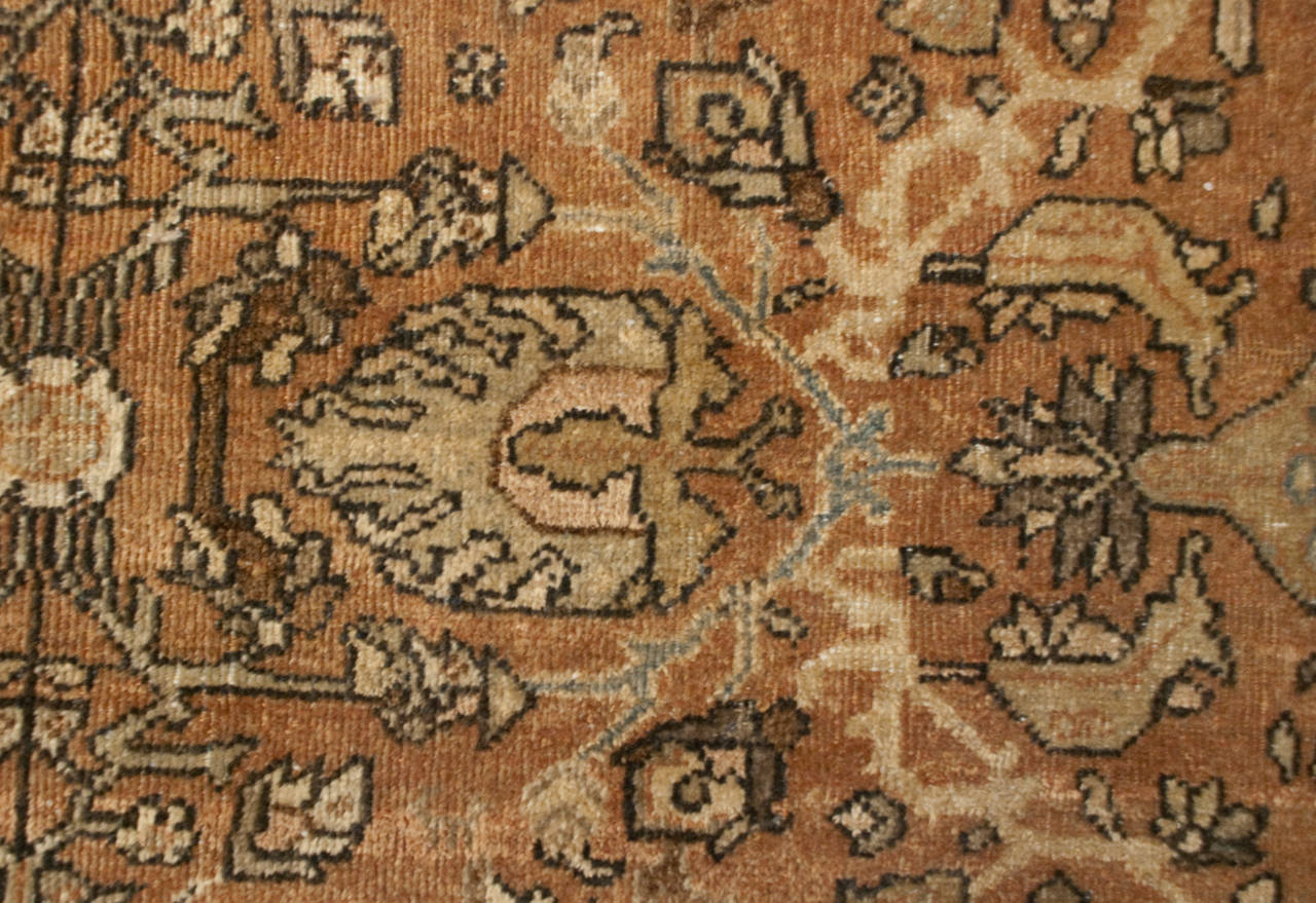 An amazing early 20th century Persian Mahal Sultanabad rug with an intricately woven floral pattern on a natural, undyed, brown wool background, surrounded by multiple contrasting floral borders.
