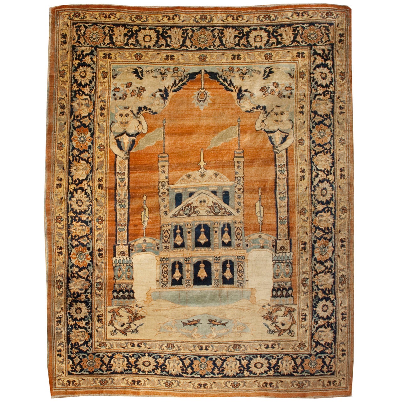 tapis de prière pictural Haji Jalili Tabriz du 19ème siècle
