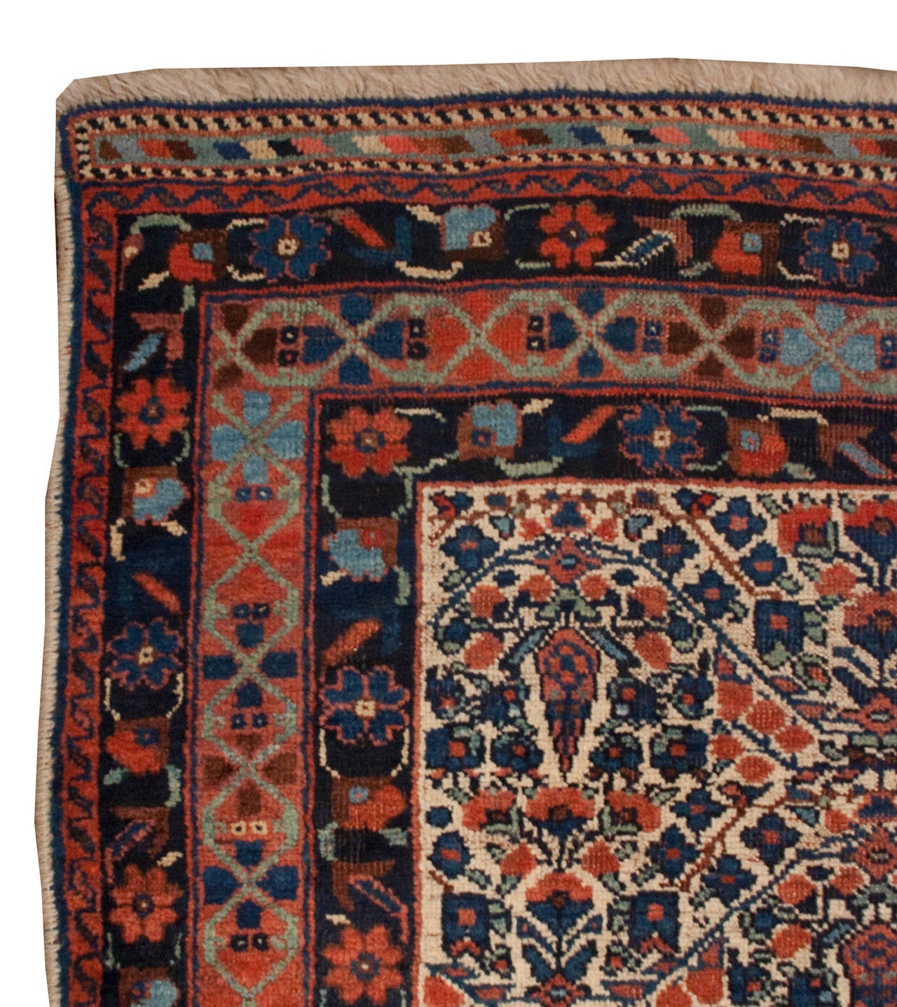 A late 19th century Persian Afshar rug with a beautifully woven multicolored central field with a tree-of-life pattern surrounded by multiple contrasting floral borders.