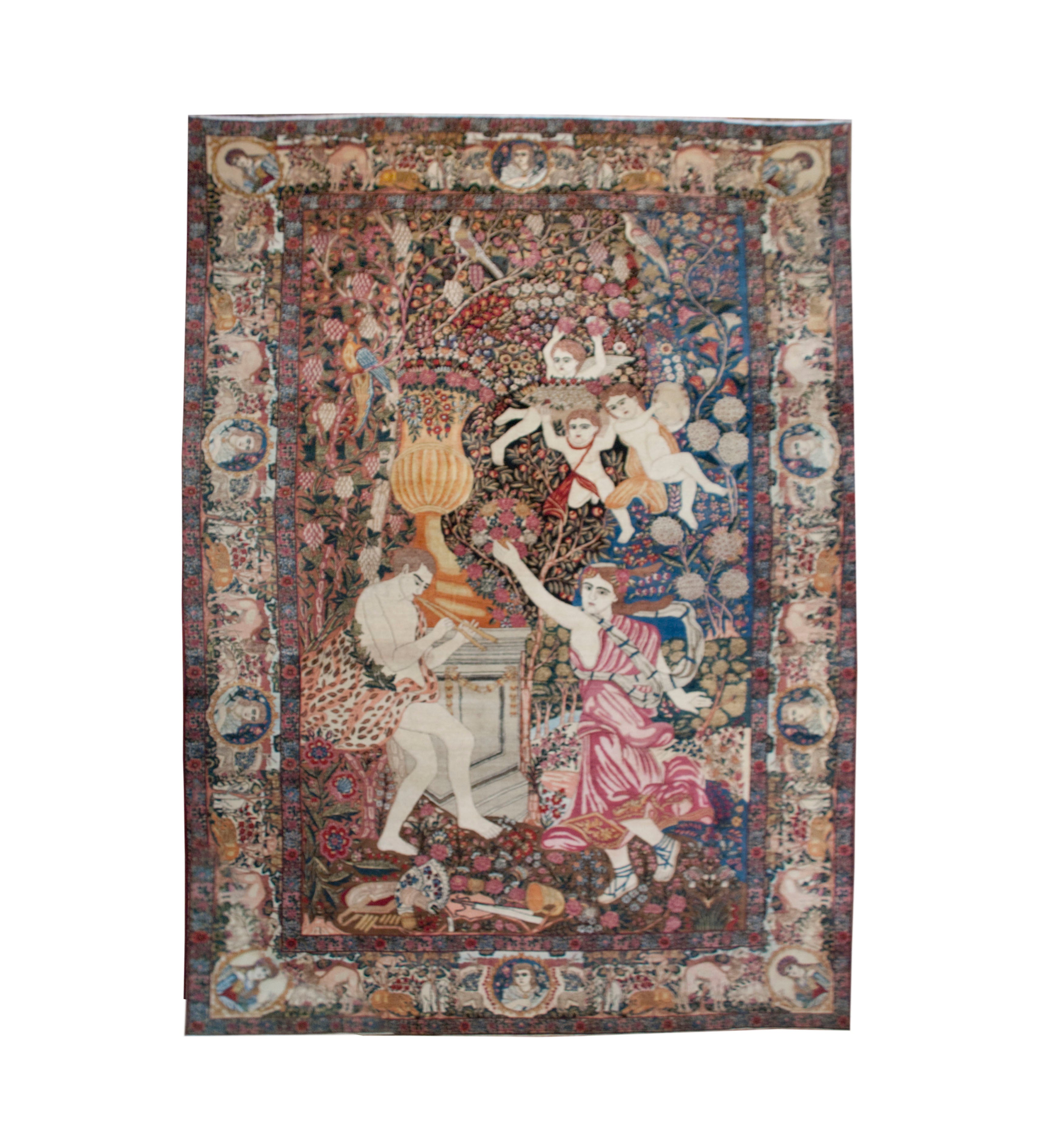 Unbelievable 19th Century Pictorial Kirman Lavar "Dance of the Nymphs" Rug