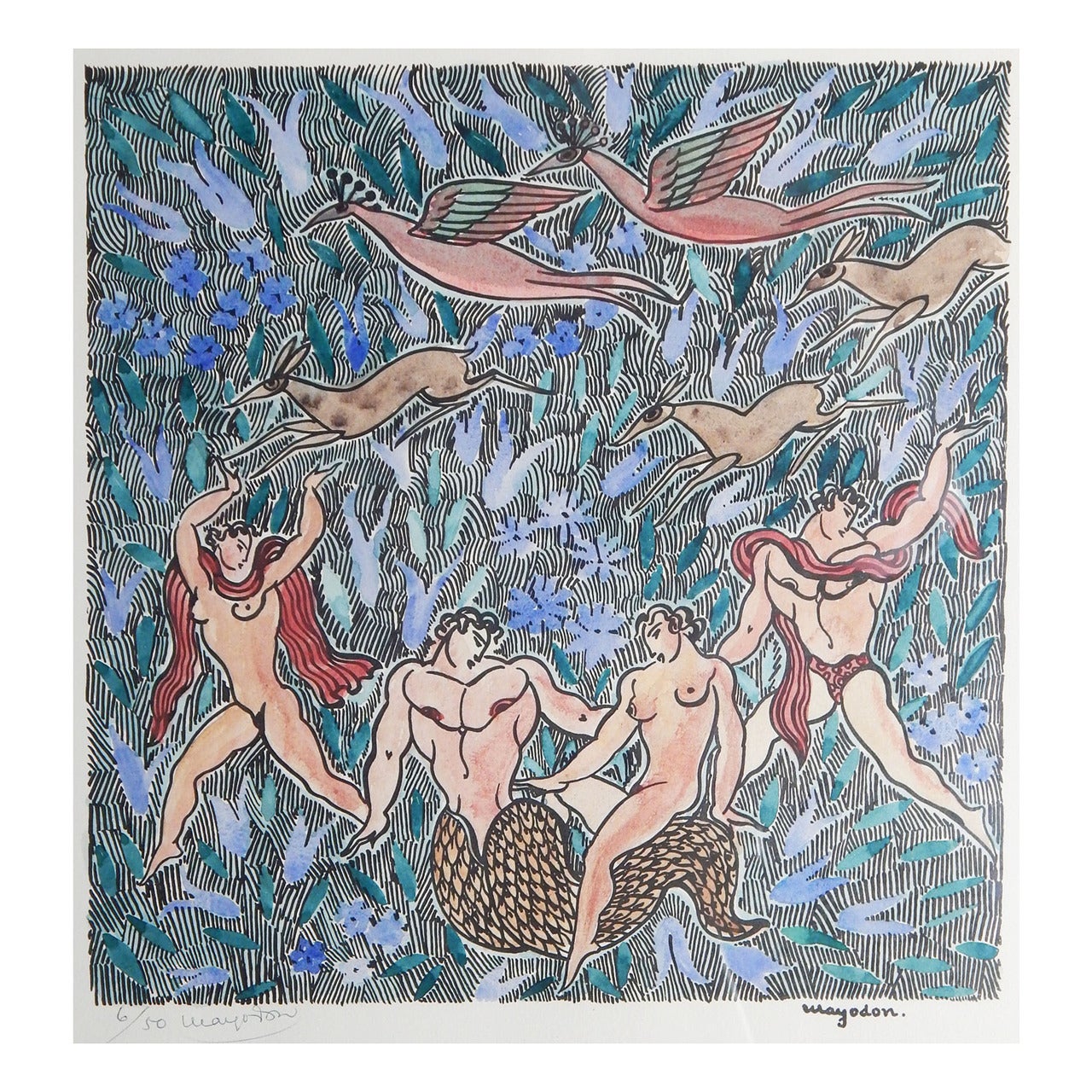 "Merman and Nudes in Paradise, " Very Rare Art Deco Print by Jean Mayodon