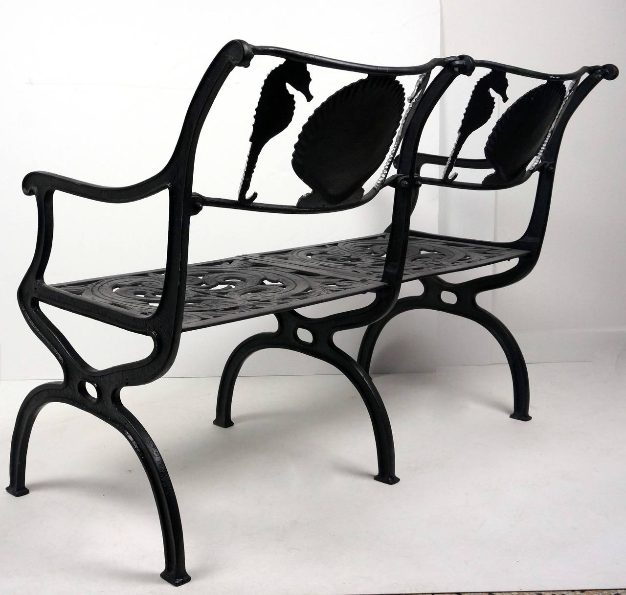 American Cast Aluminium Garden Settee with Seahorse and Shell Motif, Molla, 1950s