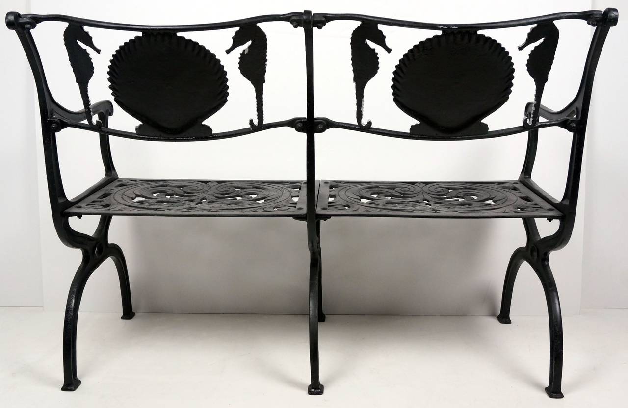 Painted Cast Aluminium Garden Settee with Seahorse and Shell Motif, Molla, 1950s