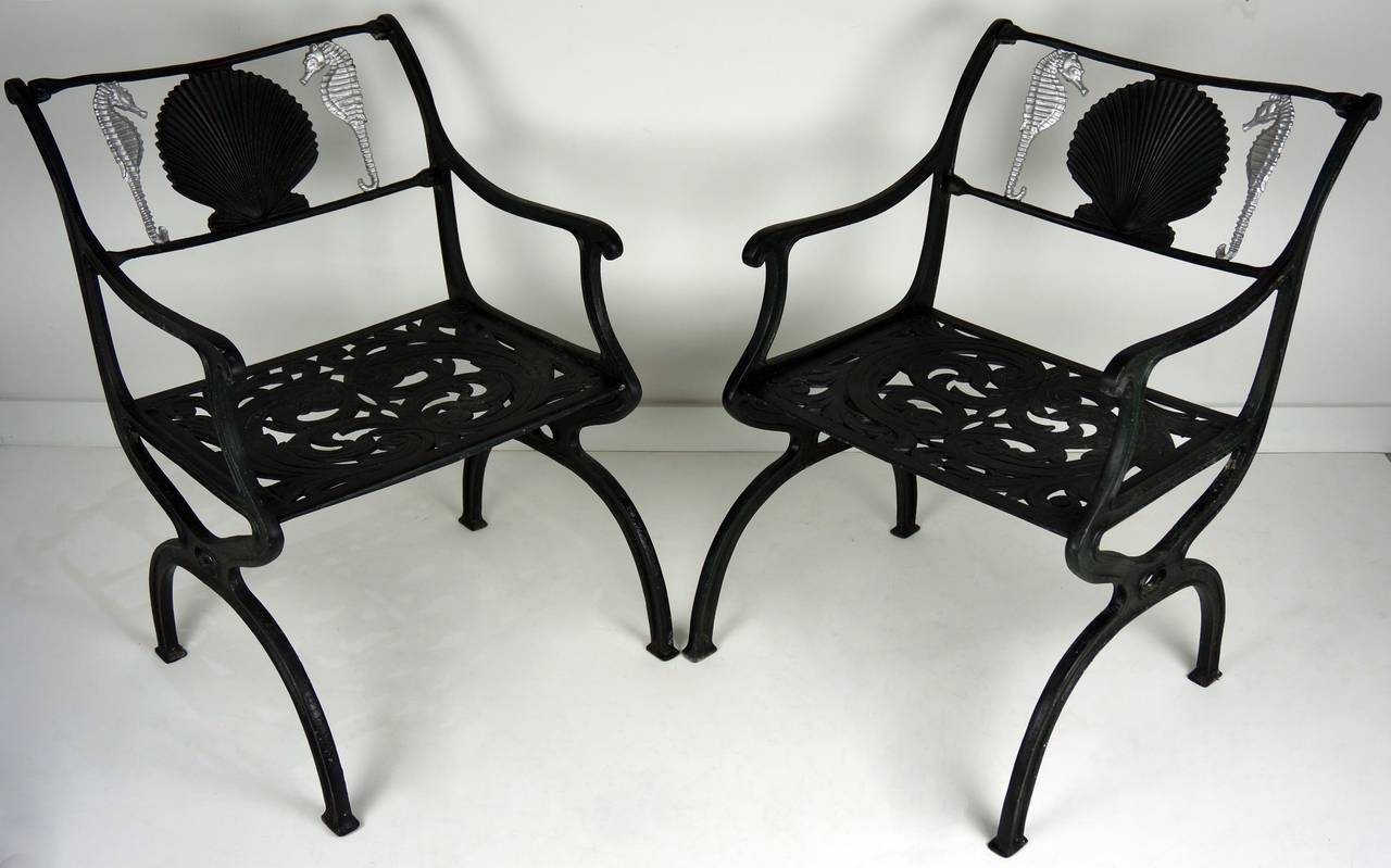 Hollywood Regency Pair of Cast Aluminum Garden Chairs with Seahorse and Shell Motif, Molla, 1950s