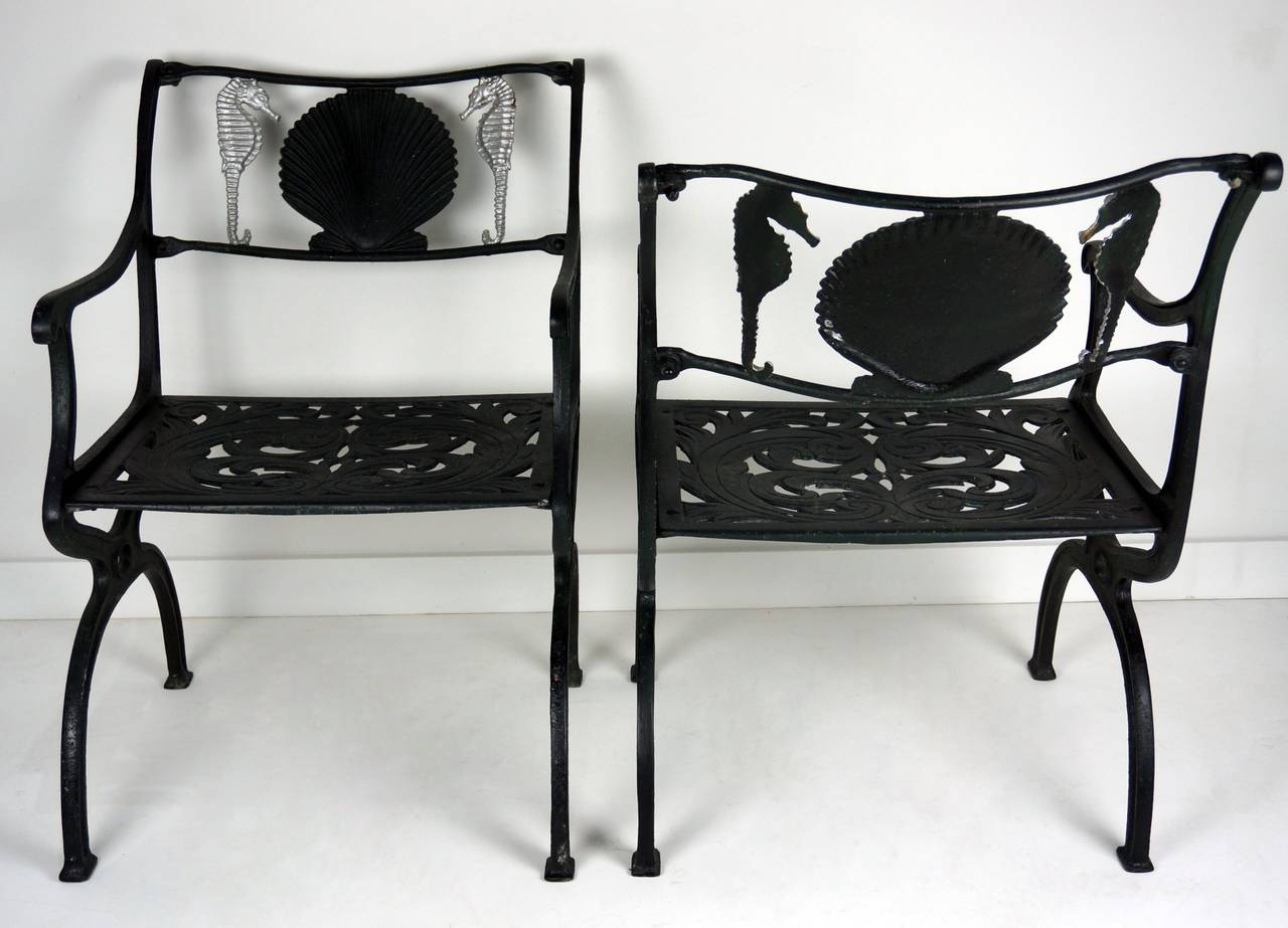 Pair of Cast Aluminum Garden Chairs with Seahorse and Shell Motif