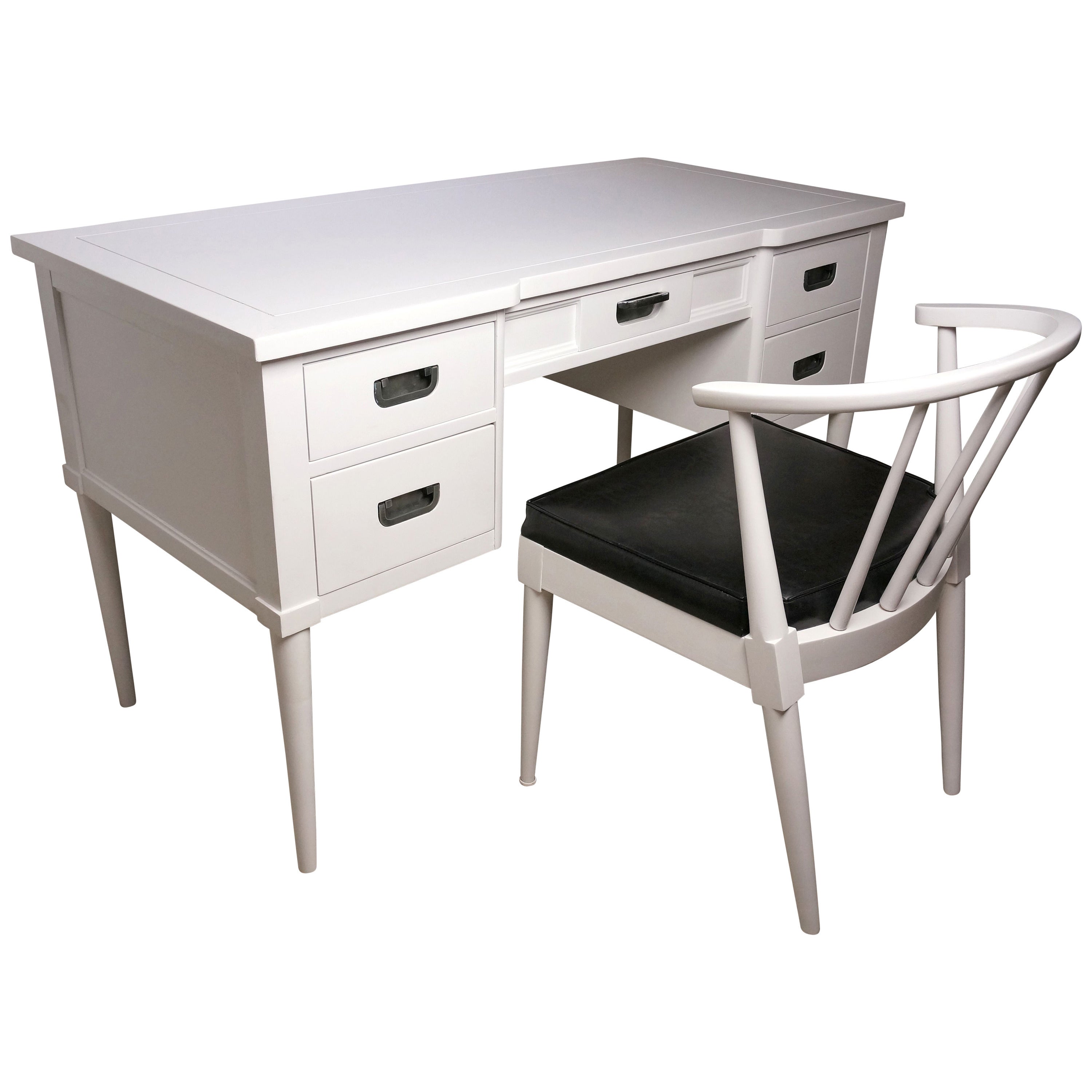 Midcentury White Lacquered Desk and Chair, Style of Paul McCobb, 1950s
