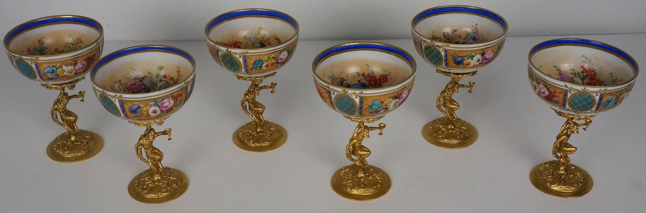 Set of Six Bronze and Porcelain Bacchanalian Goblets, Limoges, France