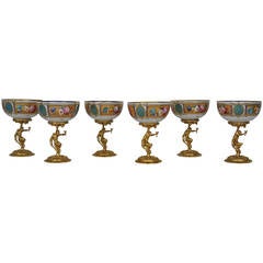 Vintage Set of Six Bronze and Porcelain Bacchanalian Goblets, Limoges, France