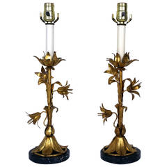 Pair of Hollywood Regency Gold Gilt Metal Table Lamps, Italian 1950s