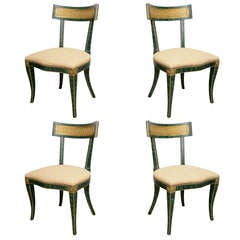 Set of 4 "Malachite" and Raffia Neoclassical Style Chairs