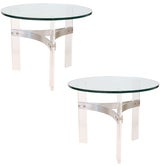Pair of Round Glass, Lucite and Satin Chrome Side Tables Charles Hollis Jones Pair of Round Glass, Lucite and Satin Chrome Side Tables Charles Hollis Jones