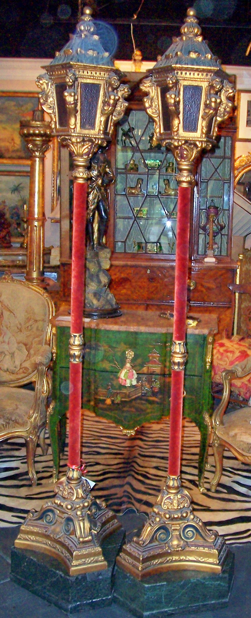 Pair of Italian / Venetian Paint and Giltwood Standing Lanterns or Torchieres