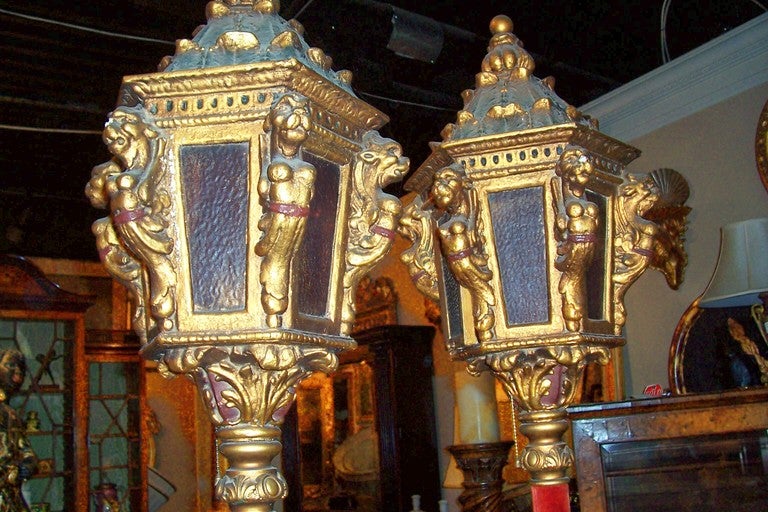 Baroque Pair of Italian / Venetian Paint and Giltwood Standing Lanterns or Torchieres