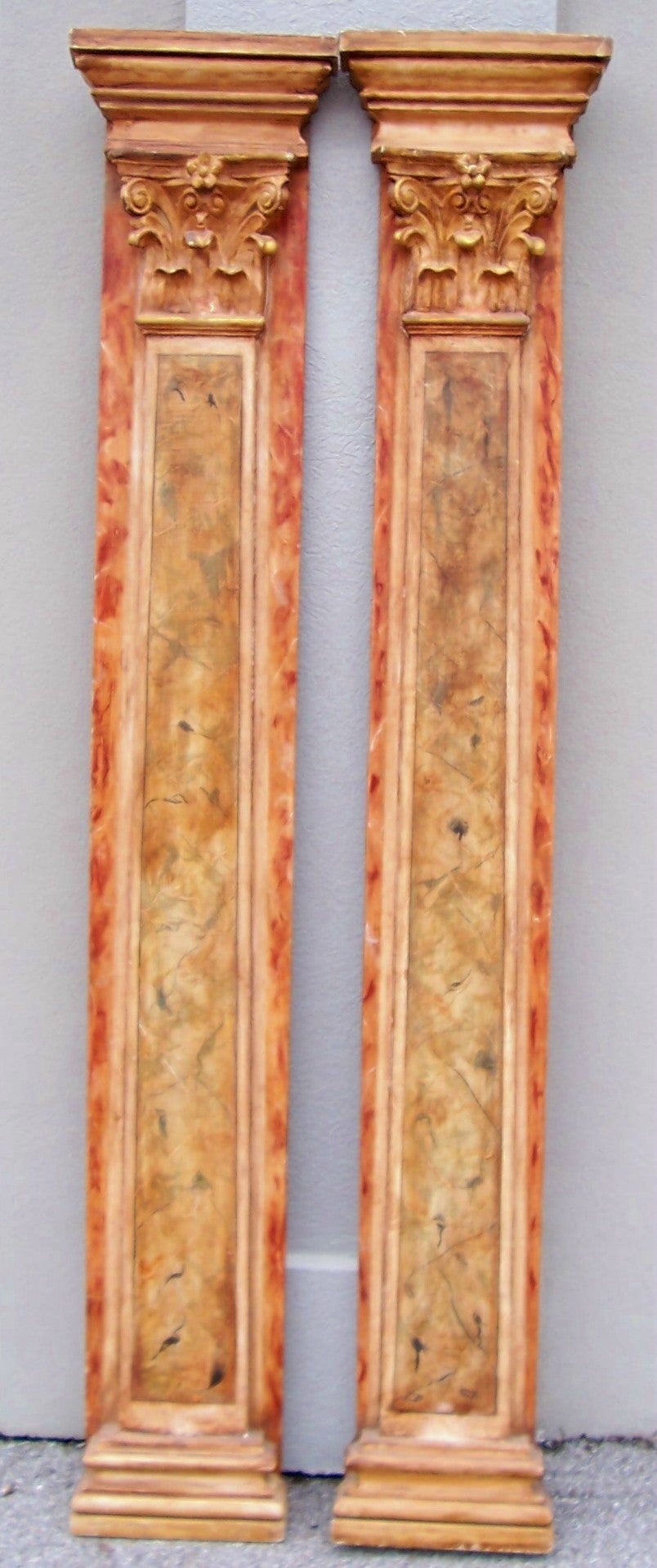 Pair of carved faux painted pilaster columns , probably Italian