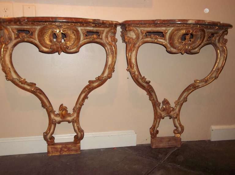 Pair of Italian Rococo Styled Paint and Gilt Shallow Consoles