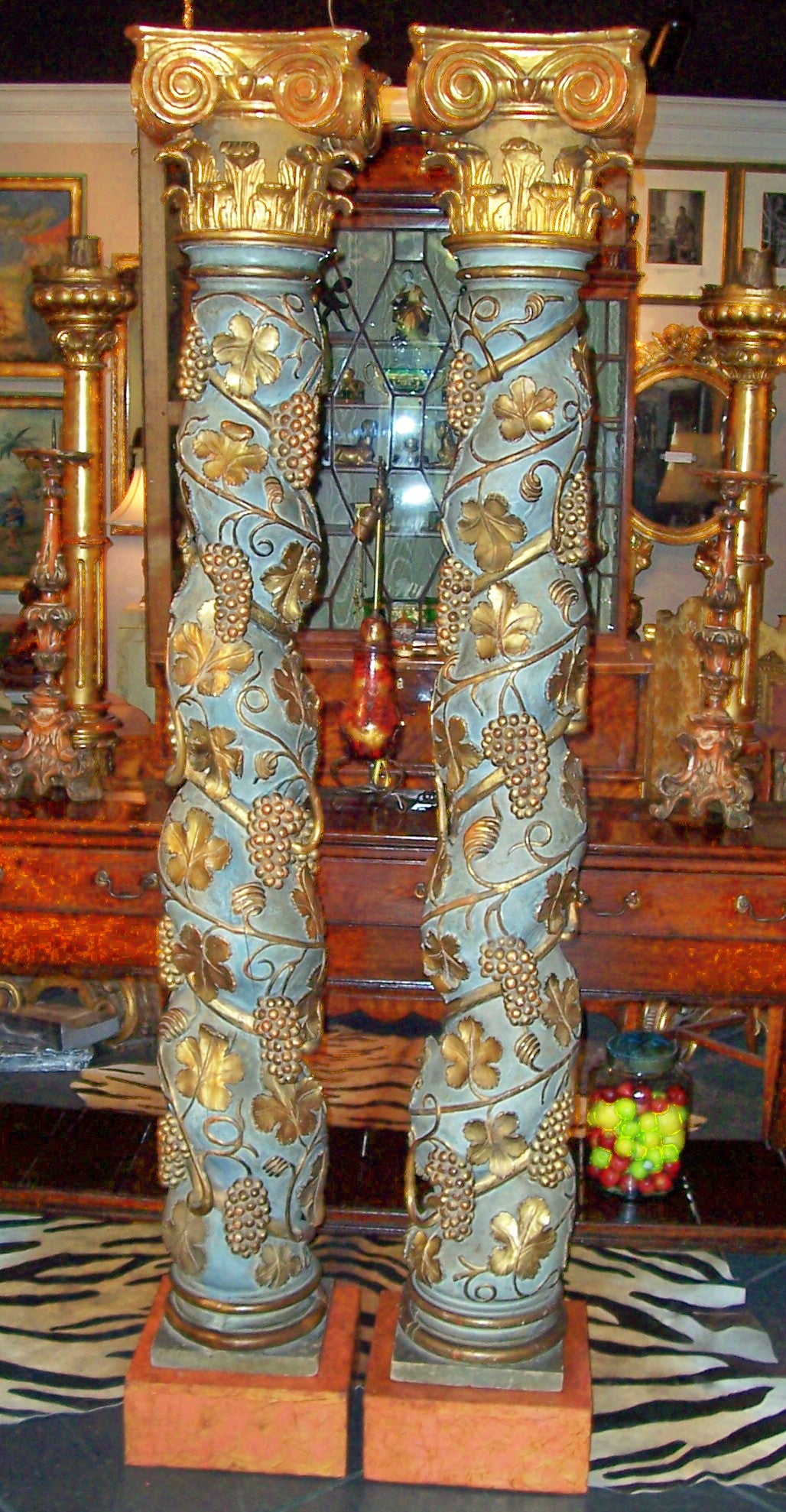 Tall Pair of Italian Painted and Carved Solomonic Columns