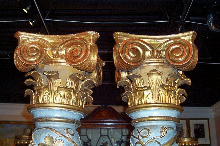 Tall Pair of Italian Painted and Carved Solomonic Columns