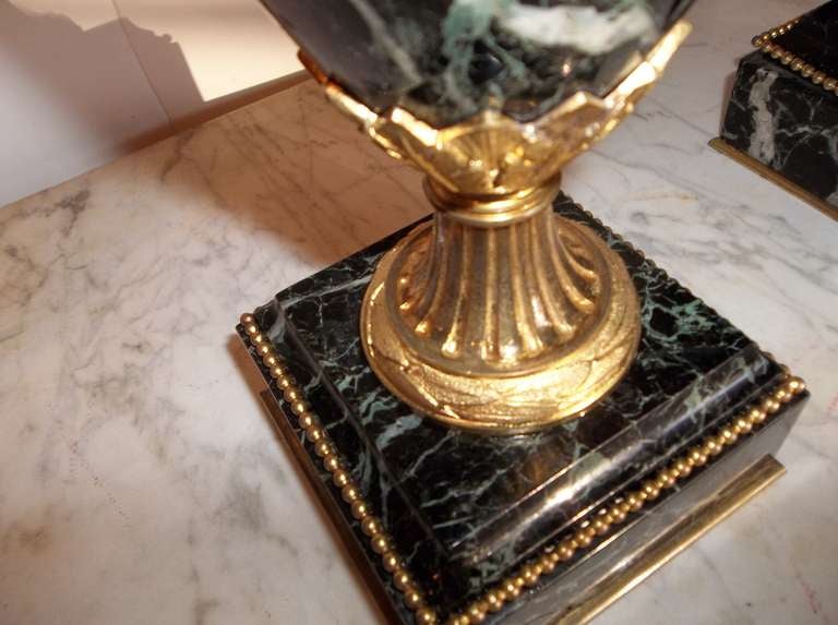 Pair of Verdi Antico 'Green' Marble Urns or Cassolette Garnitures In Excellent Condition In Nashville, TN