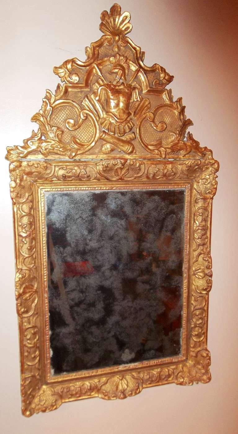 Regence to Louis XV Style Giltwood Mirror with Roman Trophy In Fair Condition In Nashville, TN